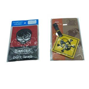 NEW NIB Passport Cover Luggage Tag Red Yellow Skull Head Punk Danger Don't Touch